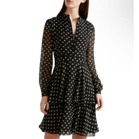 TORY BURCH Seymour Silk Georgette Mini Dress Size 6 Geometric Fish Print Tiered - Picture 2 of 11